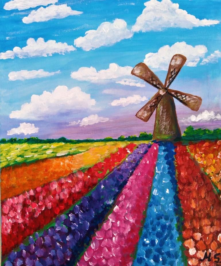 Tulip field 2024 painting Impasto Original Art, Dutch Windmill Painting, Holland Landscape small oil painting, Gift for her