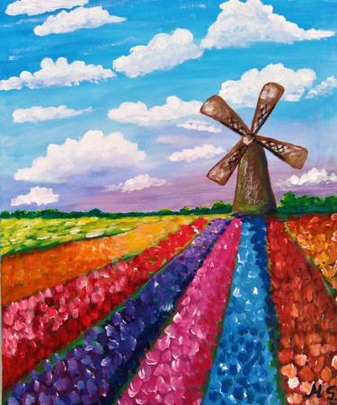 Holland landscape Flowers acrylic painting on stretched canvas thumb