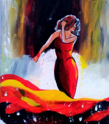 Woman acrylic painting Red Dress Artwork Dance Art thumb