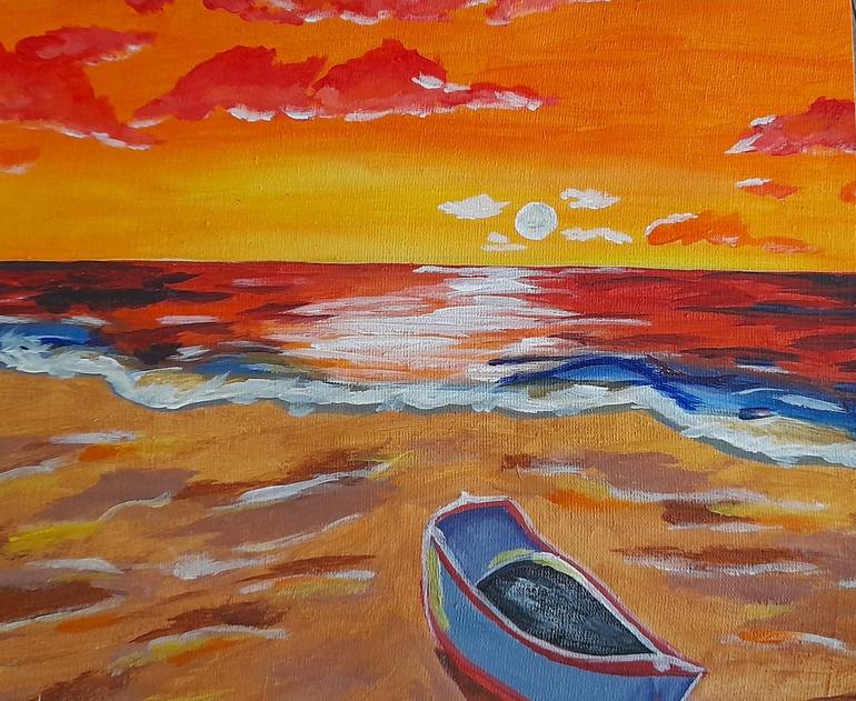 art painting beach landscape boats girls  canvas gold coast australia abstract 