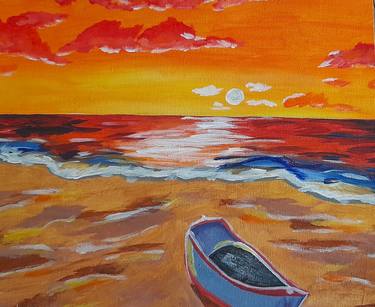 Row Boat Painting Seascape Wall Art Sunset original Art thumb
