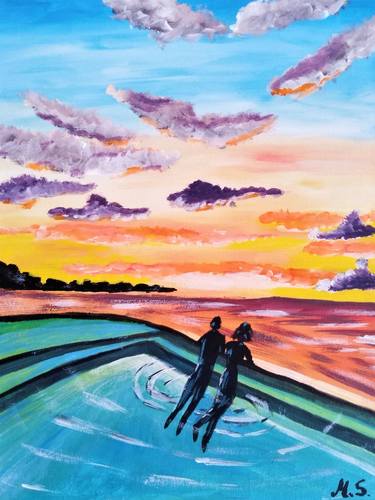 Seascape acrylic painting Couple Artwork Sunset Art thumb