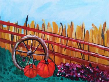 Pumpkin Original acrylic painting Landscape Art Autumn Artwork thumb
