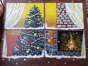 Winter original acrylic painting New year tree Art Snow Artwork thumb