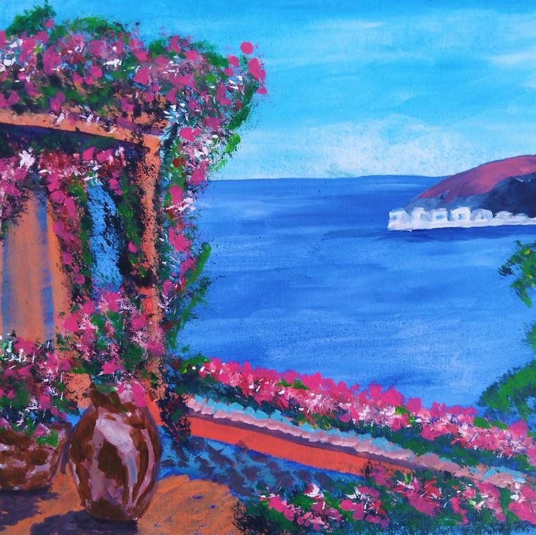 Original Acrylic Painting on Canvas Lovely Seascape and Roses Wall Decor 