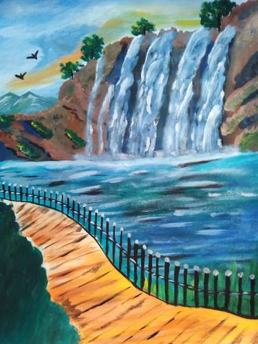 Waterfall original acrylic painting Nature Artwork Mountains Art thumb