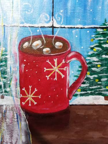 Coffee original acrylic painting Winter Artwork Snow Art thumb