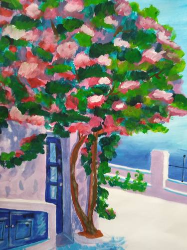 Greece original acrylic painting Seascape Artwork Pink Tree thumb