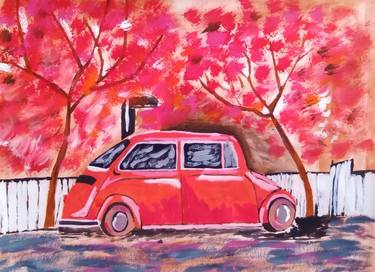 Retro car original acrylic painting Autumn Art Red landscape Art thumb