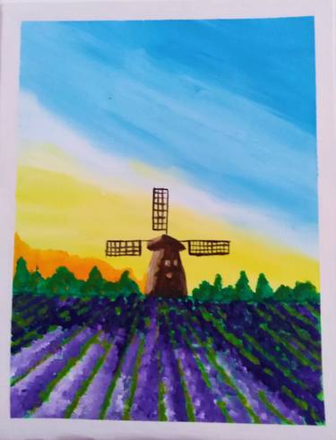 Lavender field acrylic painting France Art Wind mill Artwork thumb