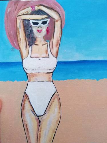 Woman painting Seascape Art Beach Artwork thumb