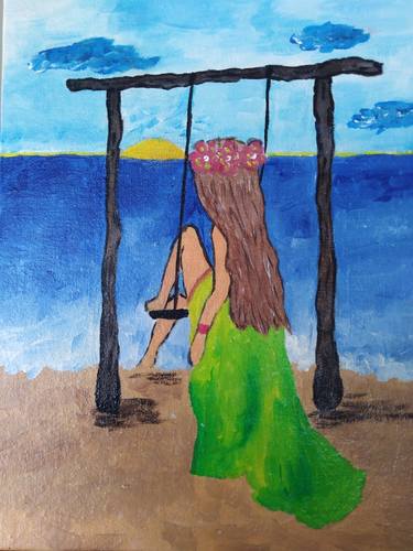 Woman figure painting Sunset Wall Art Seascape Beach Art thumb