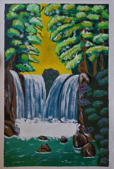 Waterfall original acrylic painting Nature Art Forest Artwork thumb