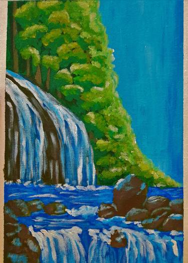 Landscape original acrylic painting Waterfall Artwork Forest Art thumb