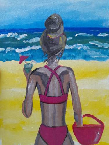 Summer acrylic painting Woman Wall Art Beach Sea Artwork thumb