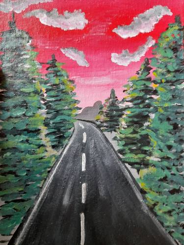 Forest acrylic painting Road Art Red Sunset Artwork thumb