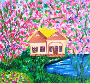 Pink tree original acrylic painting House Art Lake Artwork thumb