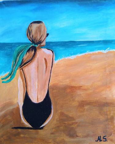 Seascape original acrylic painting Woman Art Beach Artwork thumb