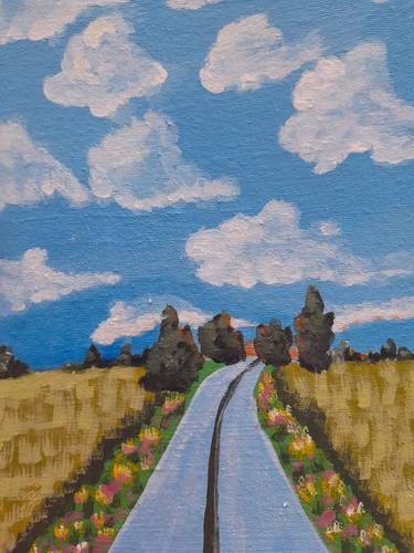 Landscape acrylic painting Road Original Art Sky Artwork thumb