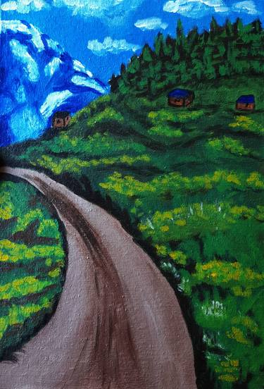 Road painting Mountain Artwork Meadow Art thumb