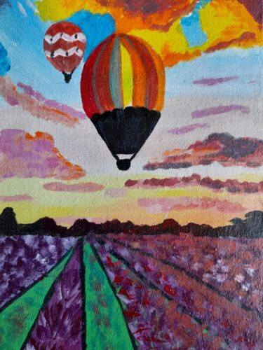 Hot Air Baloon original acrylic painting Lavender art Sunset Art thumb