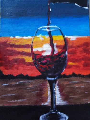 Wine glass acrylic original painting Sunset Art Seascape Artwork thumb