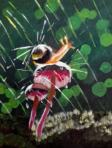 Snail rainy landscape original acrylic painting on hardboard thumb