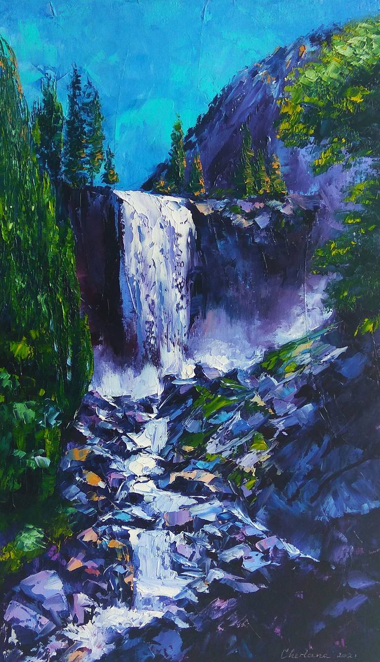 Yosemite high quality painting, fall landscape painting, waterfall painting, original watercolor.