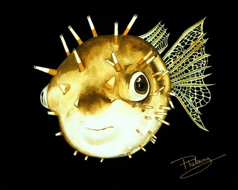 Original Other Painting by Sue Pheloung | Abstract Art on Paper | "The Little Puffer Fish" "Tetraodontidae"