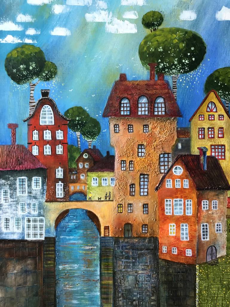 Original Naive Art Cities Painting by Olesya Rubinova