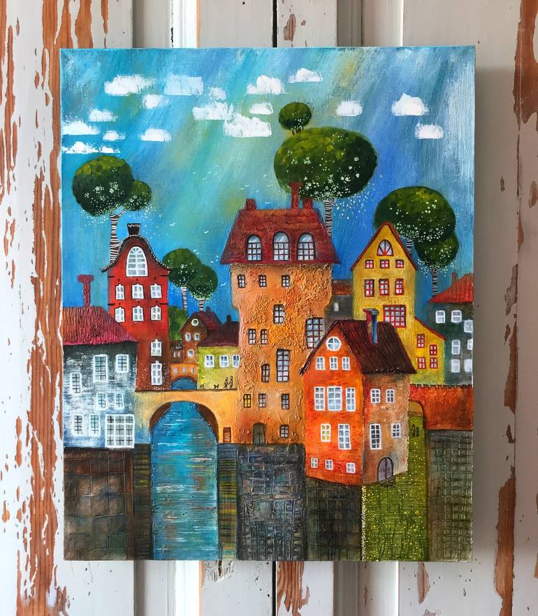 Original Naive Art Cities Painting by Olesya Rubinova