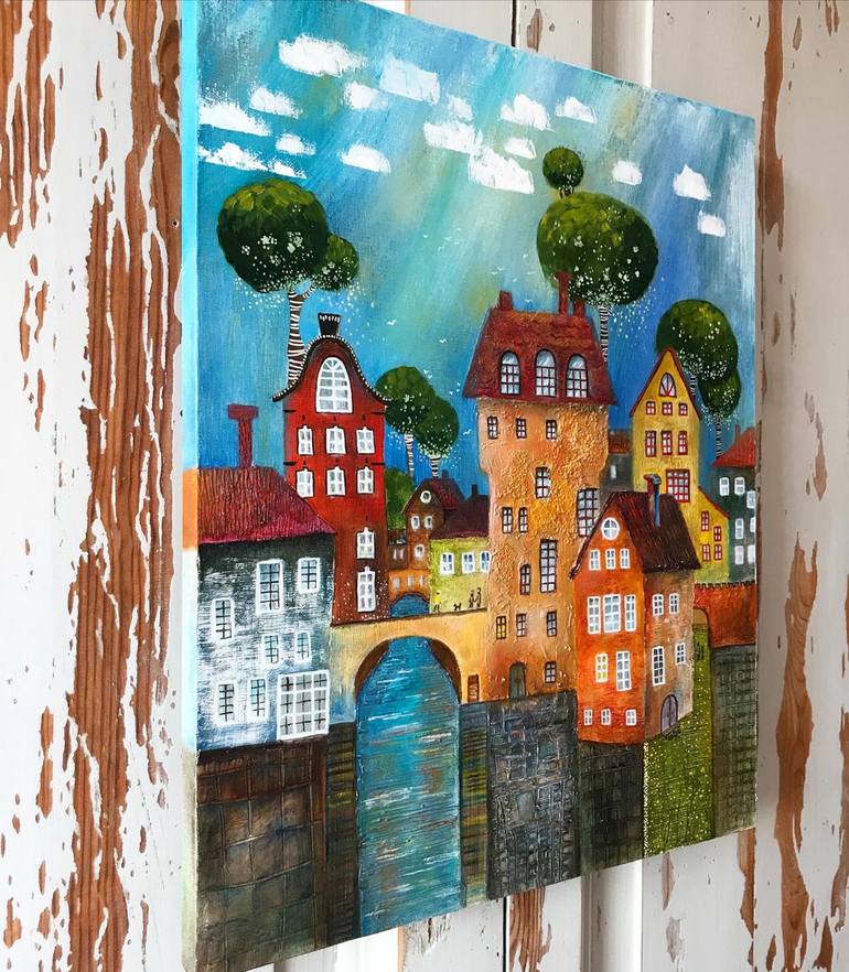 Original Naive Art Cities Painting by Olesya Rubinova