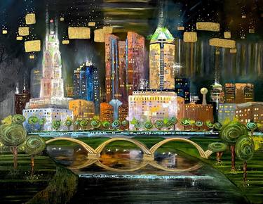 COLUMBUS CITY oil cityscape painting, night artwork on canvas thumb