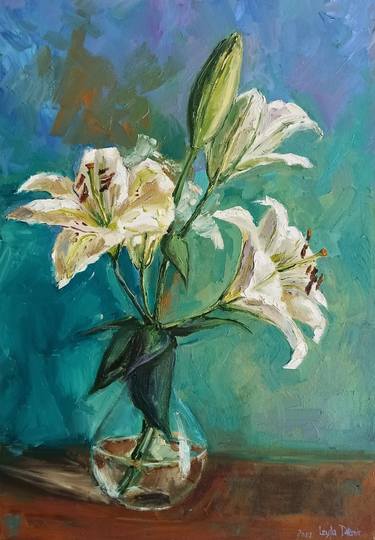 White lilies, Lily bouquet still life bright oil painting thumb