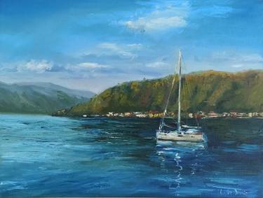 Sailboats oil painting sailing regatta blue ocean landscape thumb