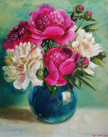 Pink and white peonies bouquet on turquoise bachground still life thumb
