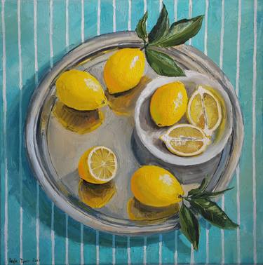 Lemon fruit on turquoise green color background oil painting thumb