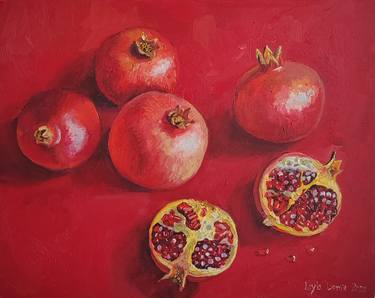 Pomegranate on red background oil painting thumb