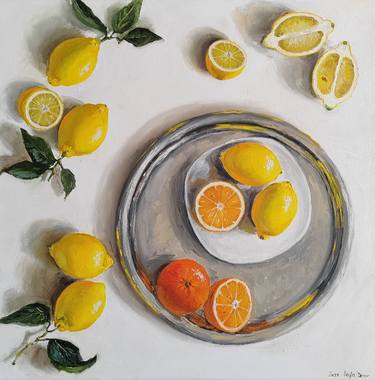 Lemon and orange fruit still life large oil painting thumb