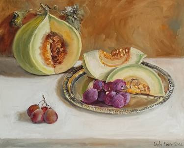 Melon with grapes fruit oil painting Original still life thumb