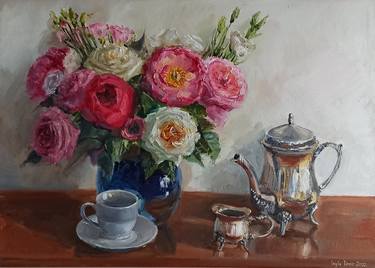 Roses and peonies bouquet still life thumb