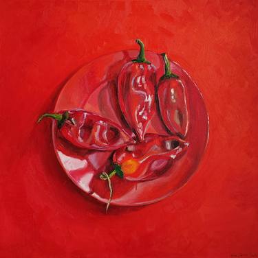 Fiery Red Still Life with Paprika on a Plate thumb