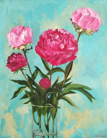 pink peonies bouquet on turquoise background oil painting thumb