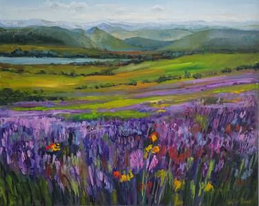 Lavender fields and mountain original oil painting thumb