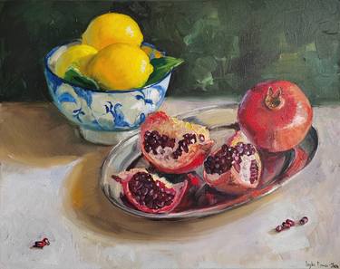 Pomegranate lemon fruit still life original oil painting modern thumb