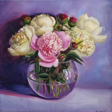 Pink peonies spring bouquet on purple background thumb