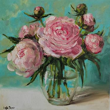Pink peonies bouquet on turquoise background oil painting thumb