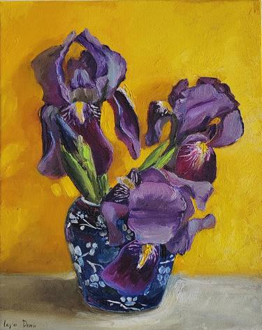 Purple iris on yellow background thumb