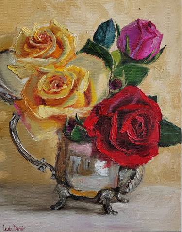 Yelow roses bouquet in Antique Metal Teapot still life thumb