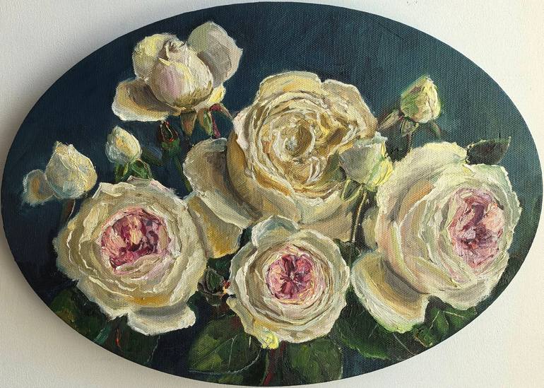 Original Still Life Painting by Leyla Demir | Contemporary Art on Canvas | White and pink roses bouquet